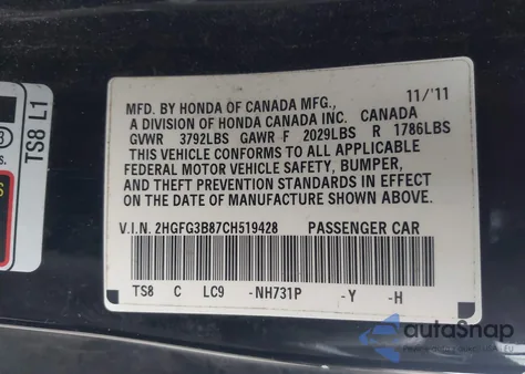 2012 Honda Civic Ex из США, поврежденный, VIN 2HGFG3B87CH519428